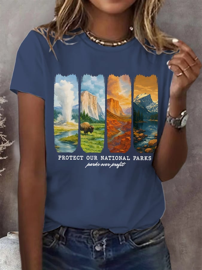 Women's Protect Our National Parks Print Round Neck T-Shirt
