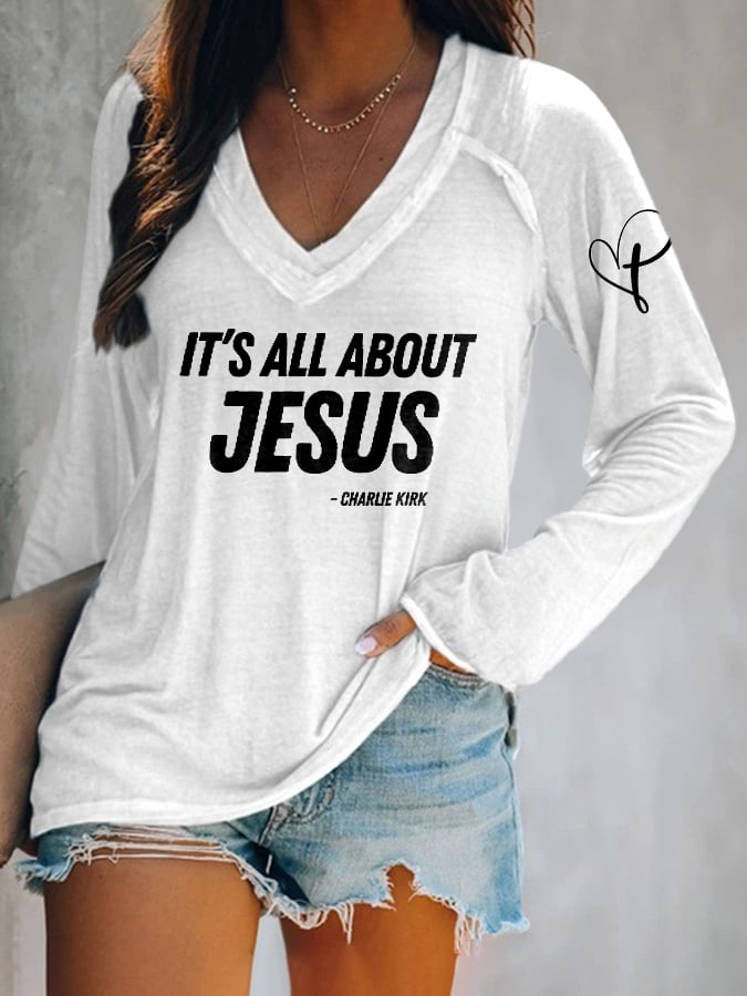 V-neck Retro It's All About Jesus Print T-Shirt