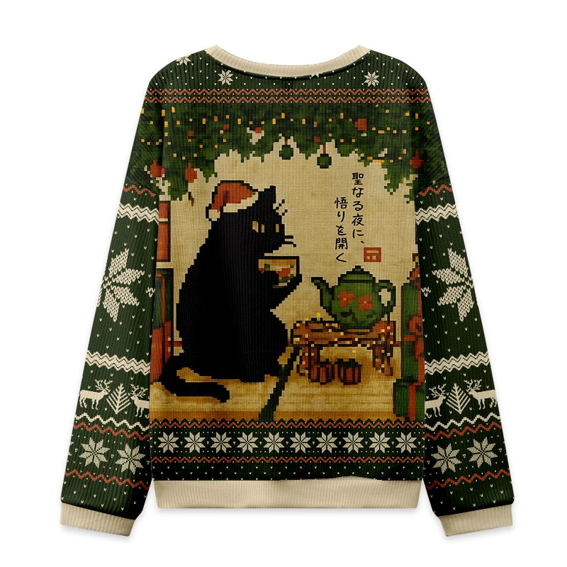 Tokyo-Tiger Cute Cat Drinking Tea Christmas Ugly Sweatshirt
