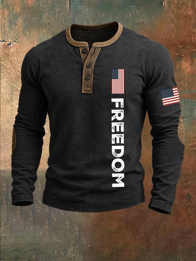 Men's Freedom American Flag Print Casual Henley Collar Shirt