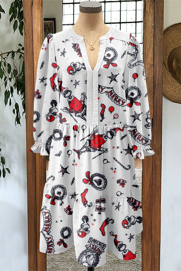 Ugly Christmas Grinch Print V-neck Puff Sleeve Dress