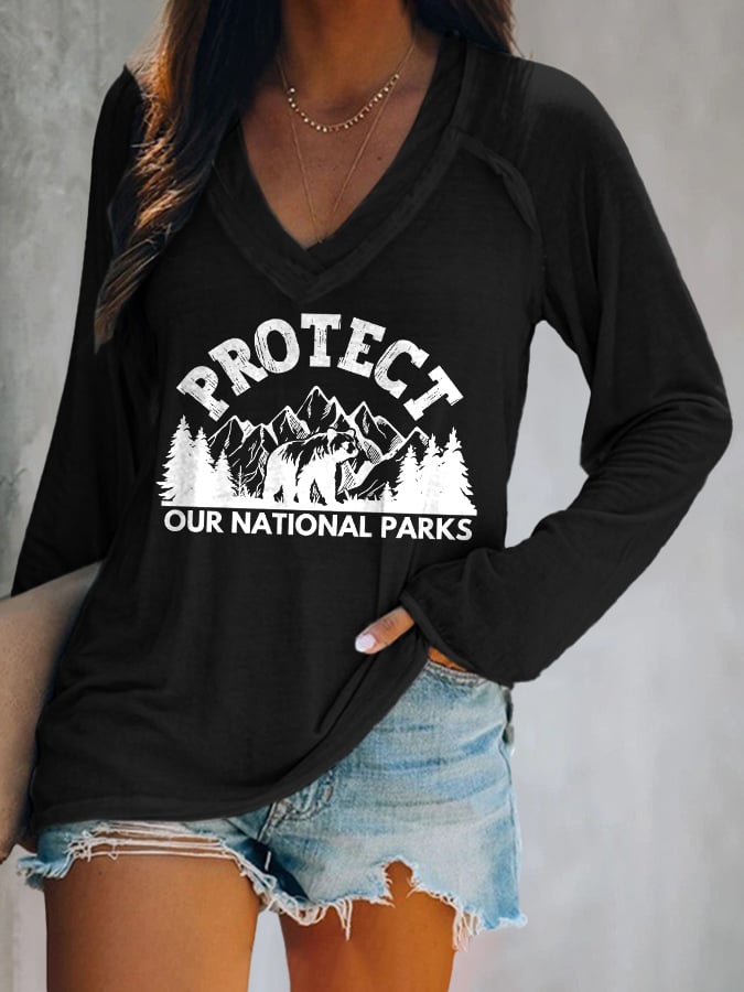 Women's Protect Our National Parks Print V Neck T-Shirt