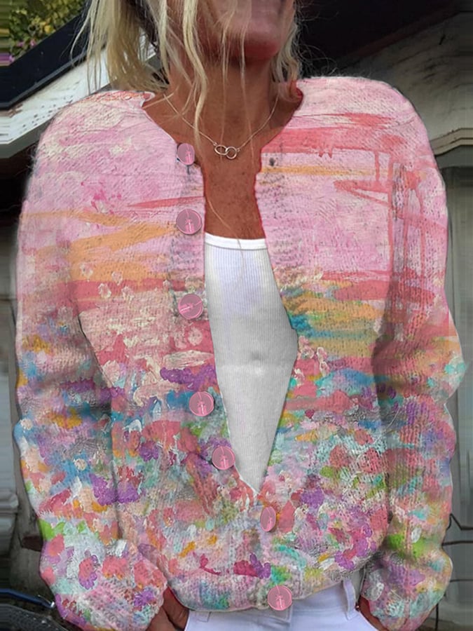 Women's Pink Art Oil Painting Breast Cancer Sweater Knit Cardigan