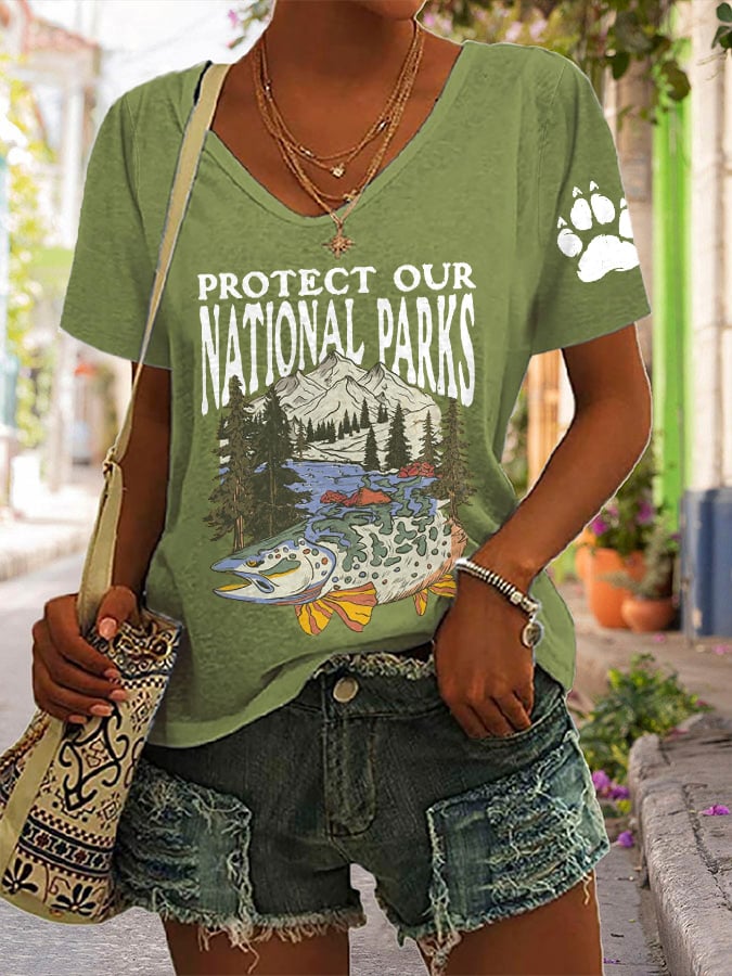 Women's Protect Our National Parks Print V Neck Casual T-Shirt