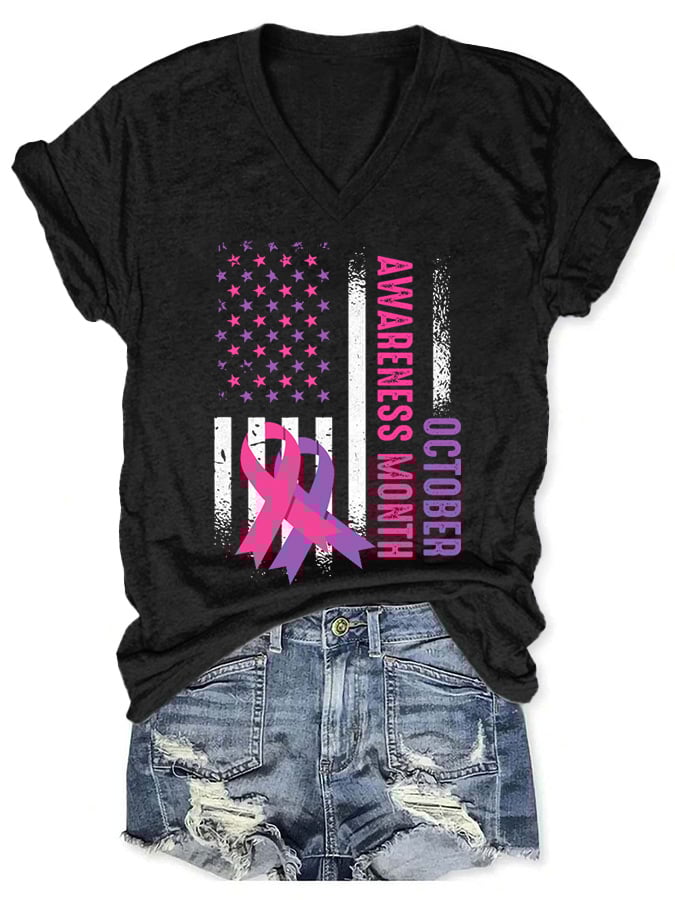 V-neck Women October Breast Cancer & Domestic Violence Awareness Month T-Shirt