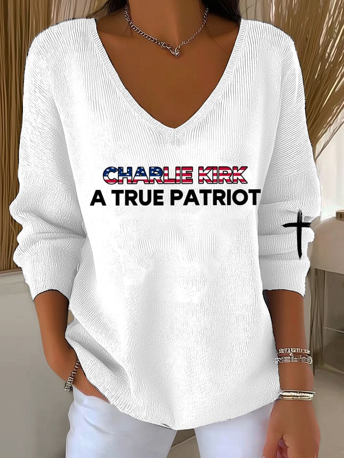 Women's American Patriot Print V Neck Sweater