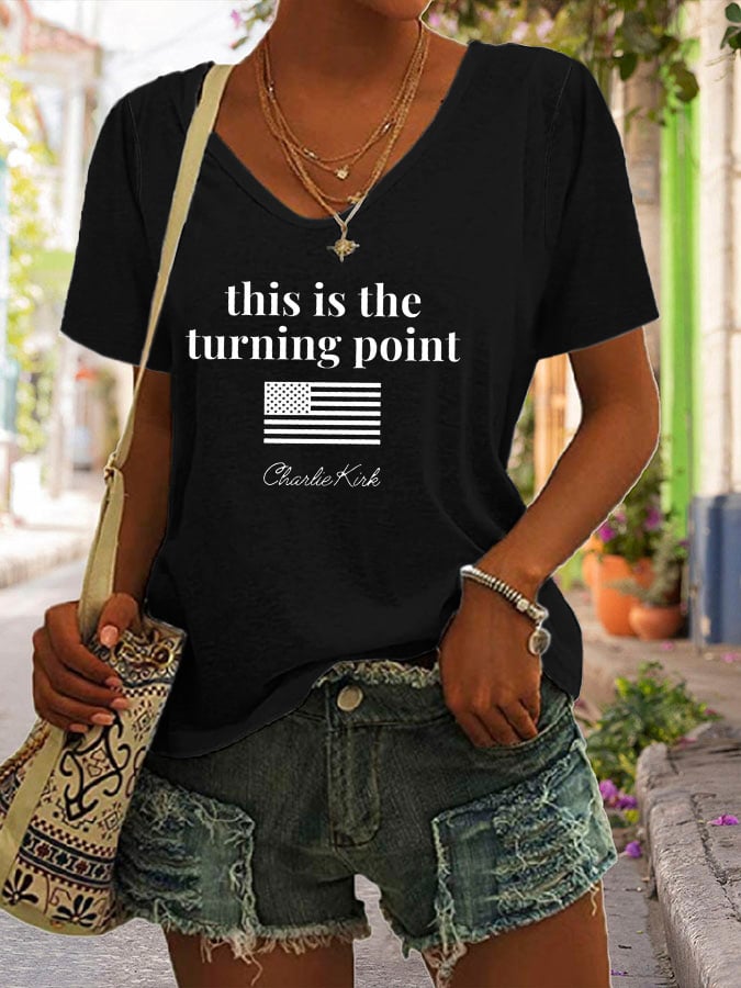 Women's V-Neck Retro This is the Turning Point Print T-Shirt