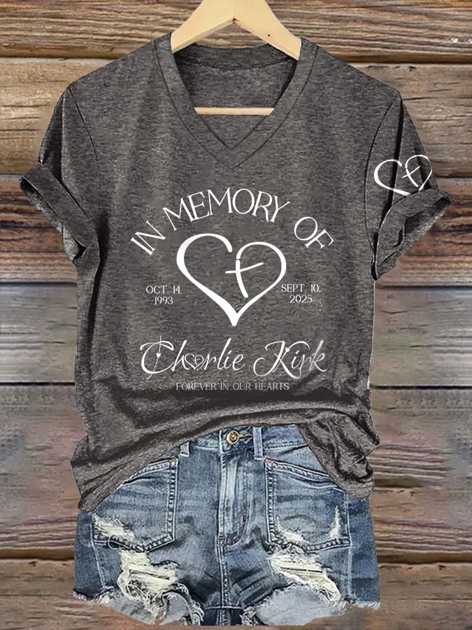 V-Neck Retro Forever In Our Hearts Print T-Shirt