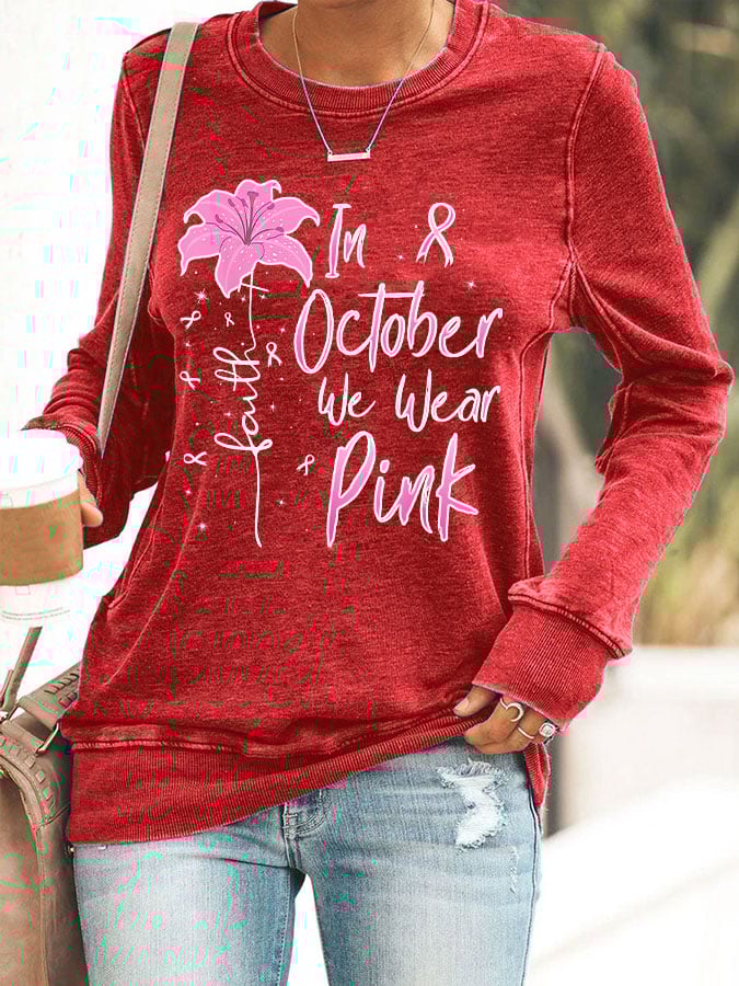 Women's Faith In October We Wear Pink Print Casual Crew Neck Sweatshirt