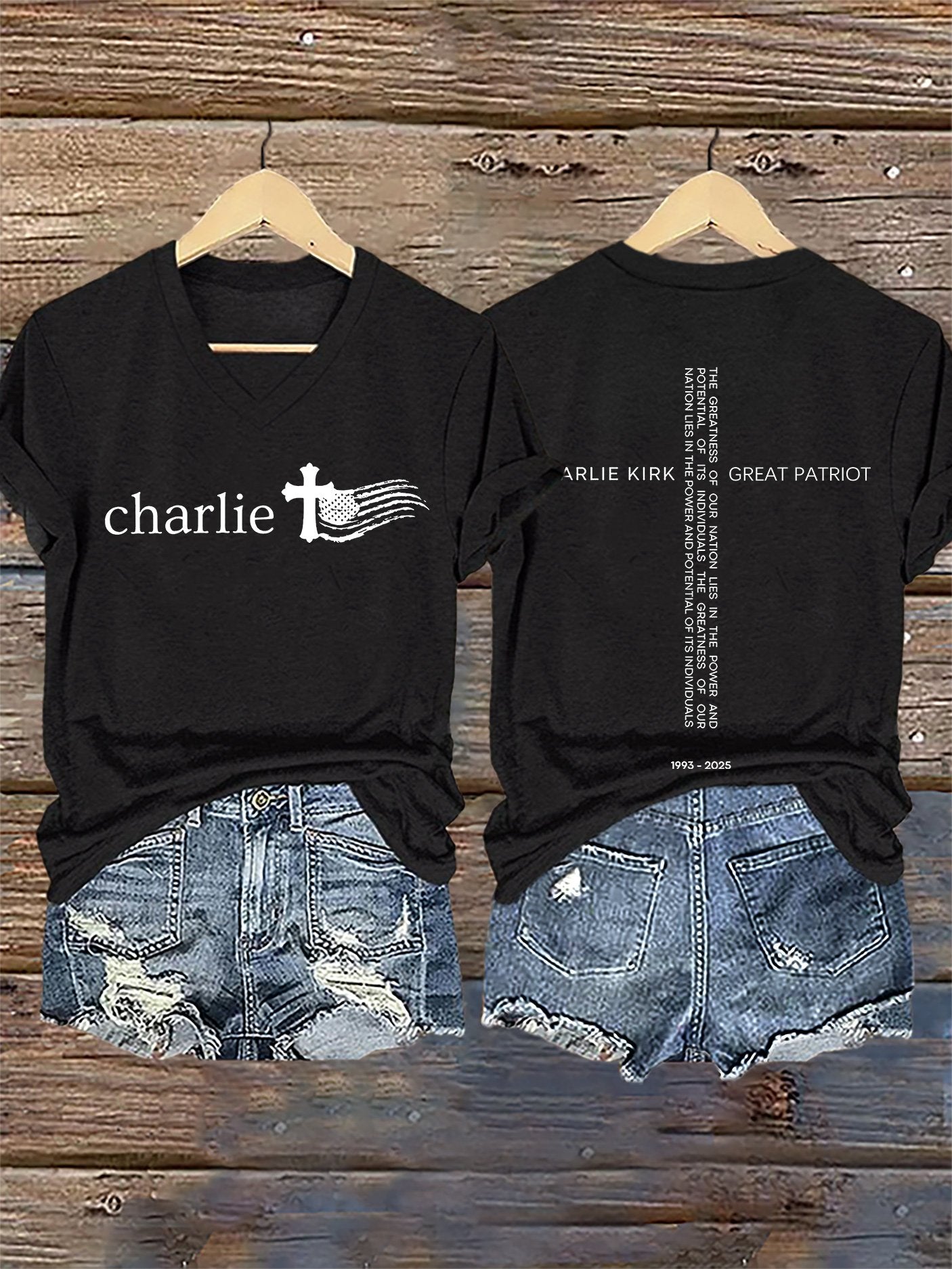 V-Neck Retro Faith Flag Cross The Greatness Of Our Nation Lies In The Power And Potential Of Its Individuals Print T-Shirt