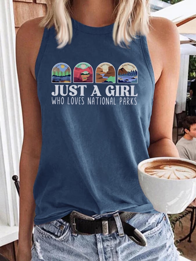 Women's Just A Girl Who Loves National Parks Print Crew Neck Tank Top