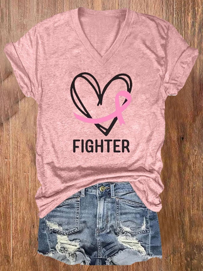 Women's Breast Cancer Awareness Printed V-Neck T-Shirt
