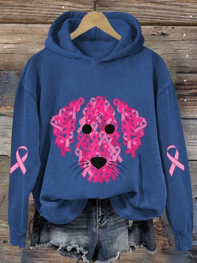 Women's Pink Ribbon Dog Breast Cancer Awareness Print Casual Hoodie