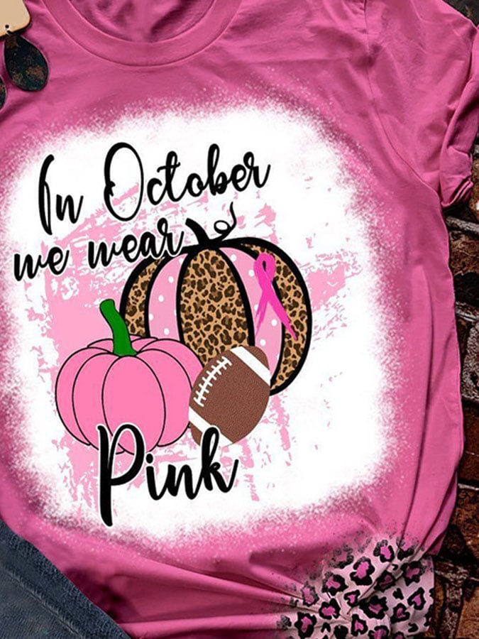 In October We Wear Pink Pumpkin Football Leopard Print T-Shirt