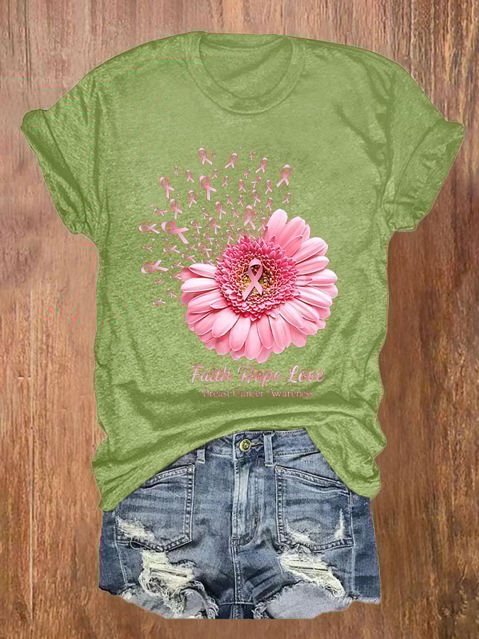 Breast Cancer Awareness Faith Hope Love Daisy Flower Ribbon Print T-Shirt