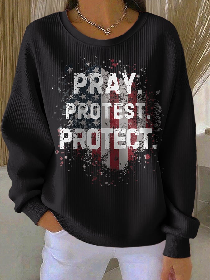 Retro Pray Protest Protect Print Round Neck Sweatshirt