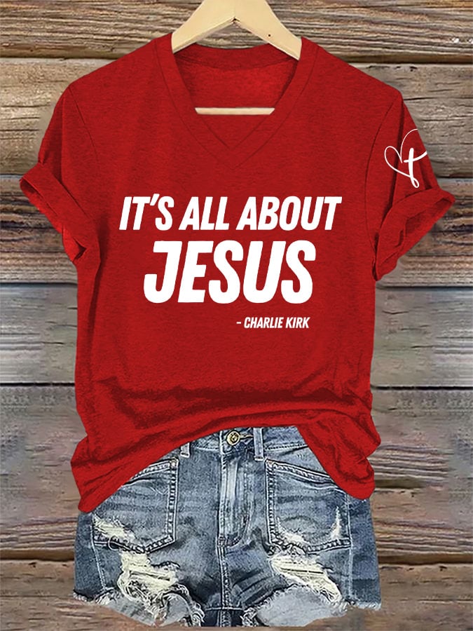 V-Neck Retro It's All About Jesus Print T-Shirt