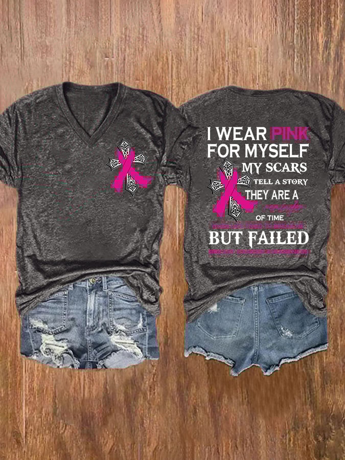 V-neck Faith Breast Cancer Awareness I Wear Pink For Myself Double Sided T-Shirt