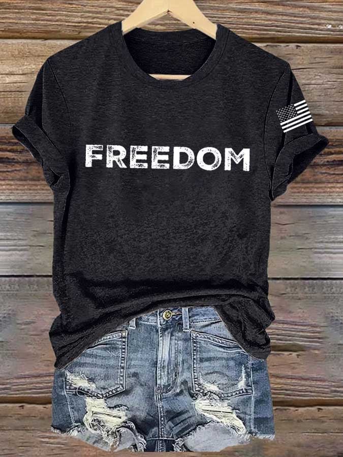 Women's Freedom American Flag Print Casual T-shirt