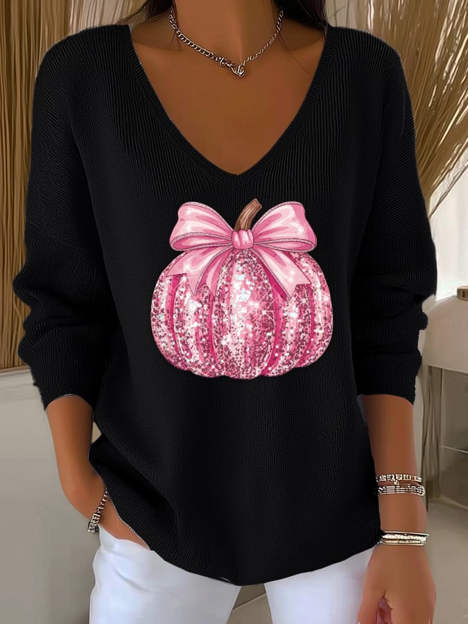 Women's casual pink sequined pumpkin striped long-sleeved top