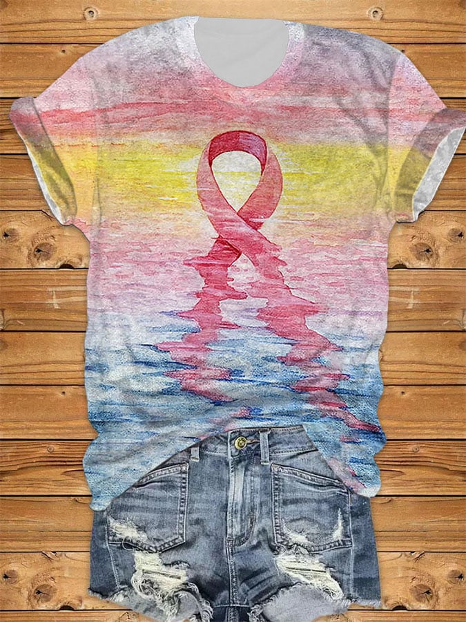 Women's Casual Pink Ribbon Breast Cancer Art Print Short Sleeve T-Shirt