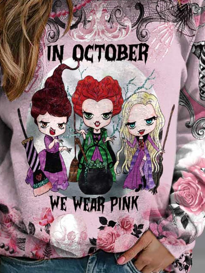 Breast Cancer Awareness Halloween Sisters In October We Wear Pink Print Sweatshirt