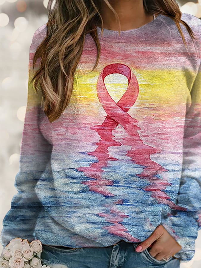 Women's Pink Ribbon Breast Cancer Art Print Long Sleeve Sweatshirt