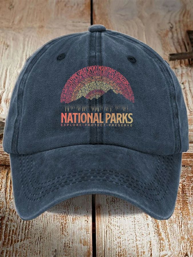 Unisex Distressed Washed Cotton Hot Spot 63 National Parks Explore, Protect, Preserve Printed Hat