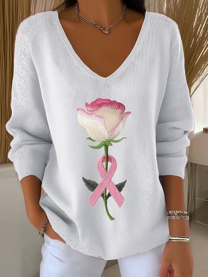 Women's Casual Breast Cancer Awareness Print Long Sleeve T-Shirt