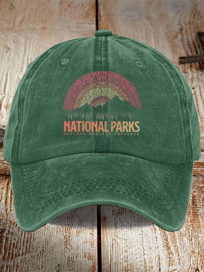Unisex Distressed Washed Cotton Hot Spot 63 National Parks Explore, Protect, Preserve Printed Hat