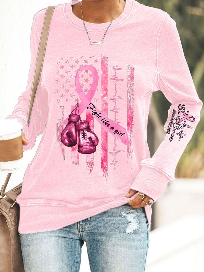 Women's Casual Breast Cancer Awareness Printed Long Sleeve Sweatshirt