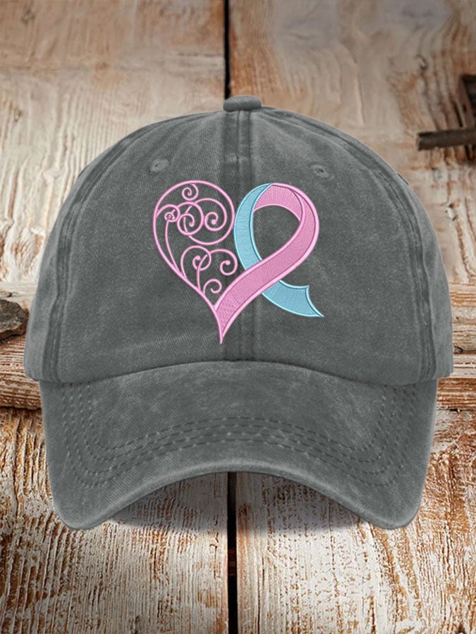 Unisex Distressed Washed Cotton Breast Cancer Ribbon Heart Printed Hat