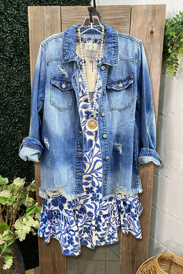 Ripped Holes Frayed Hem Denim Jacket