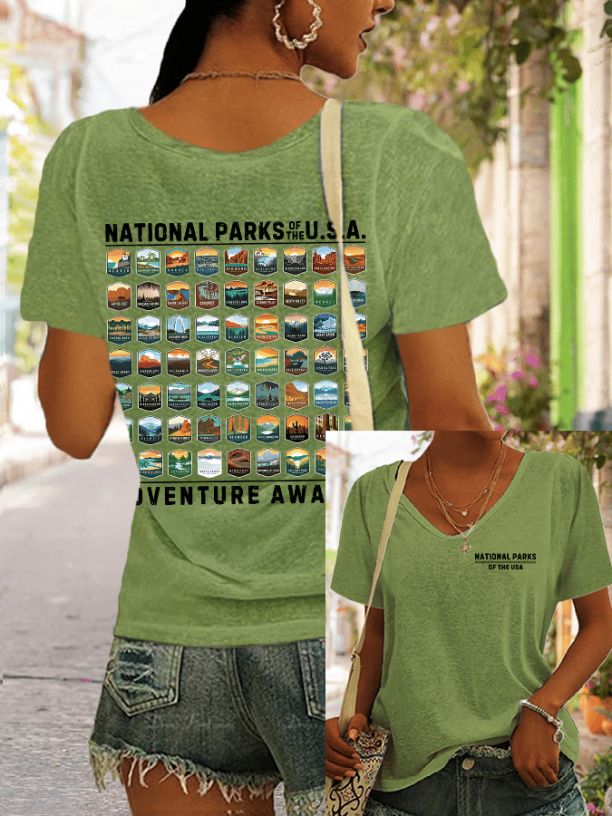 Women's National Parks Of The USA Printed V-Neck T-Shirt