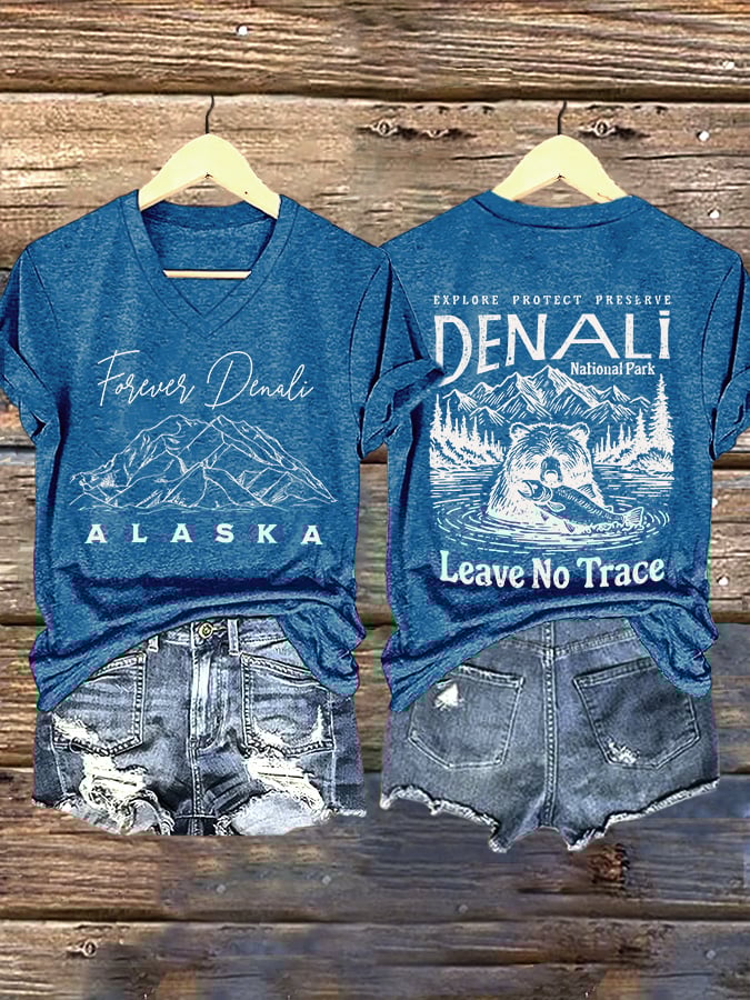 V-neck Retro Explore Protect Preserve Denali National Park Leave No Trace Forever Denali Alaska Print T-Shirt
