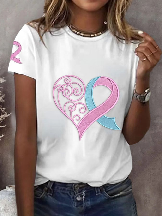 Women's Breast Cancer Awareness Love Pink Ribbon Print Casual T-Shirt