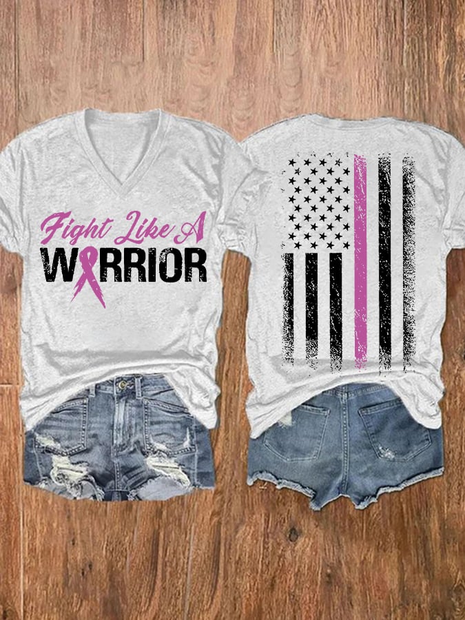 V-neck Breast Cancer Awareness Fight Like A Warrior Flag Double Sided T-Shirt