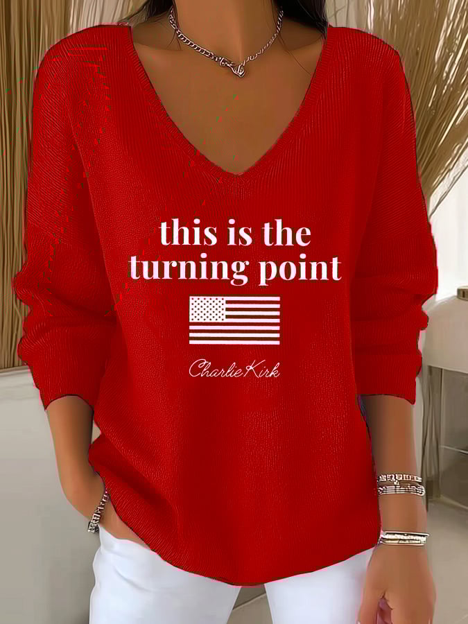 Women's Retro This is the Turning Point Print Drop Shoulder Sweater