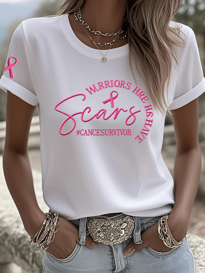 Women's Breast Cancer Awareness All Warriors Have Scars Printed Crew Neck T-Shirt