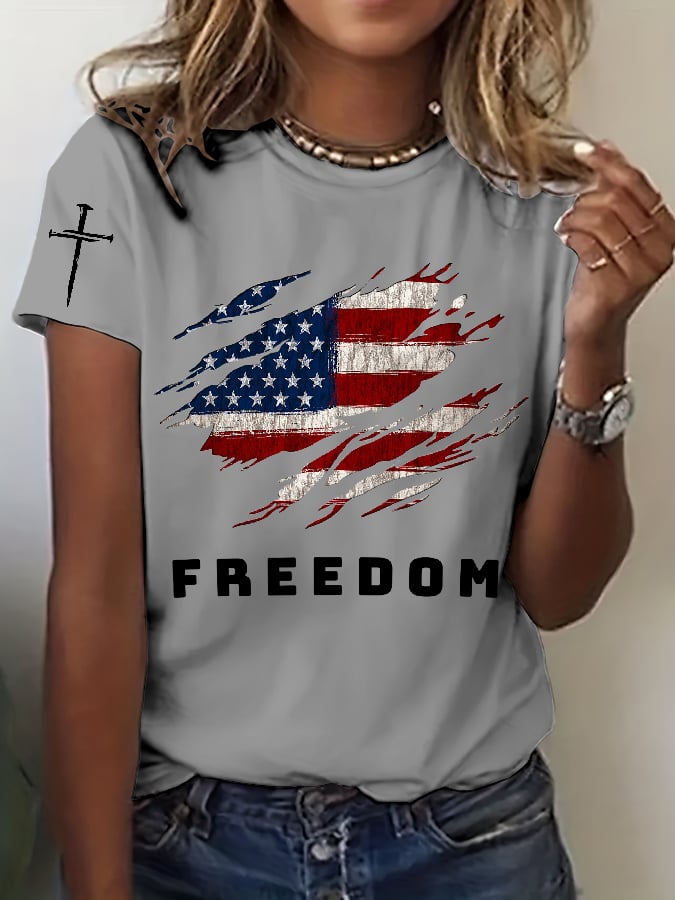 Women's Freedom American Flag Print Casual T-shirt
