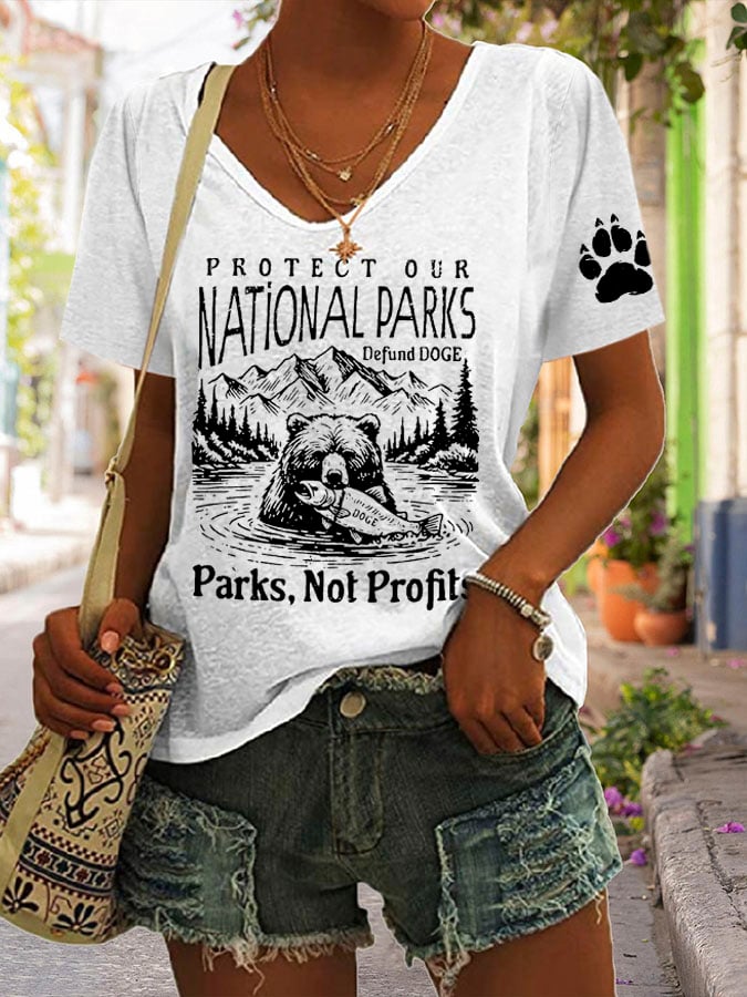 Women's Protect Our National Parks Print V Neck Casual T-Shirt