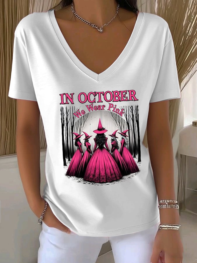 Women's Casual Witch October We Wear Pink V-Neck T-Shirt