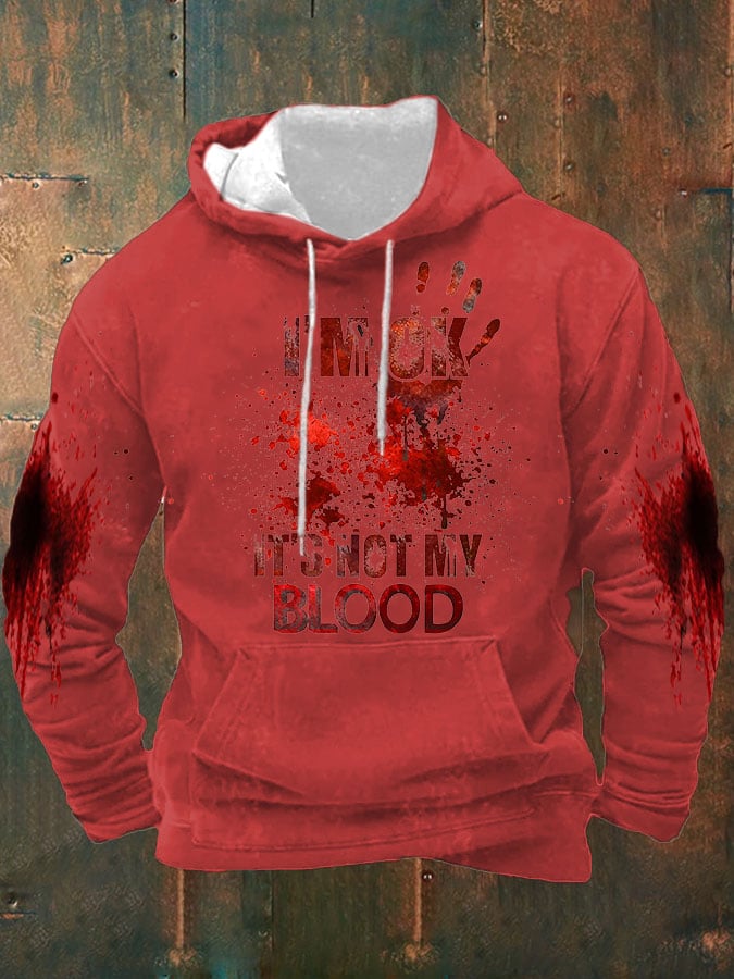 Men's I'M Ok It'S Not My Blood Halloween Printed Hooded Sweatshirt