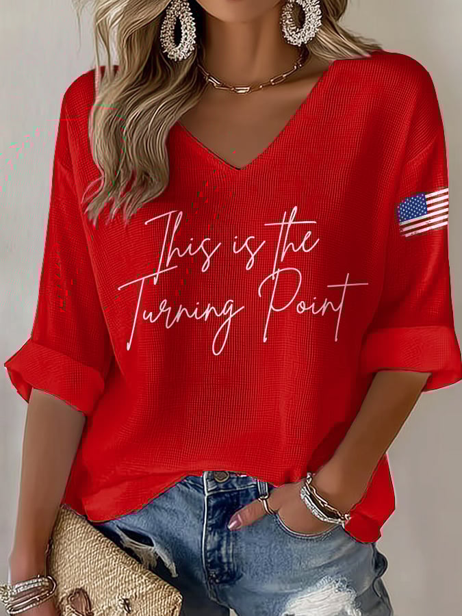 V-Neck Retro This Is The Turning Point Print T-Shirt