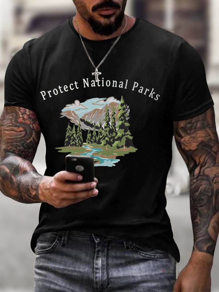 Men'S Retro Protect Our National Parks Printed Casual Crew Neck T-Shirt