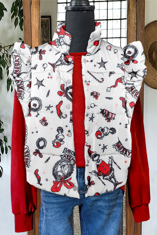 Cute Christmas Grinch Print Ruffle Vest