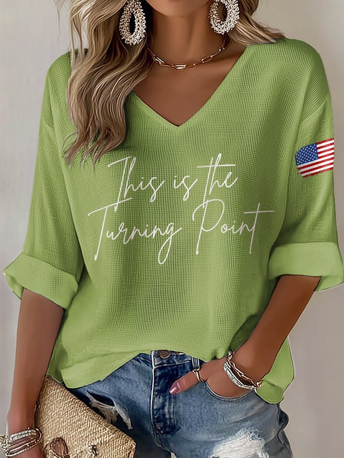 V-Neck Retro This Is The Turning Point Print T-Shirt