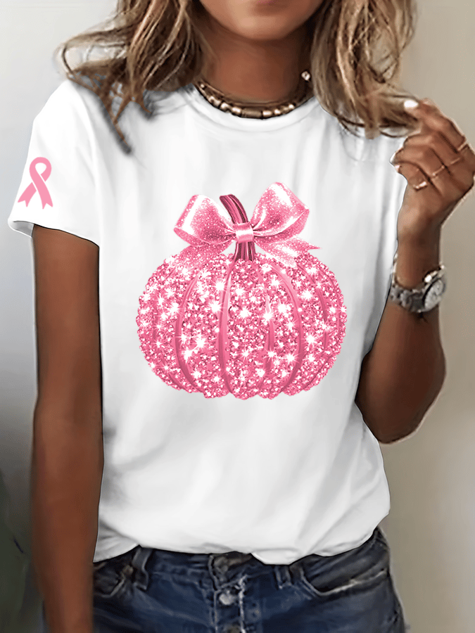Women's Breast Cancer Sequined Pumpkin Print Crew Neck T-Shirt