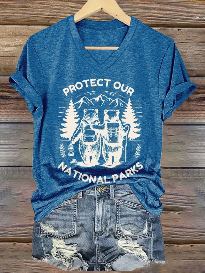V-neck Retro Protect Our National Parks Print T-Shirt