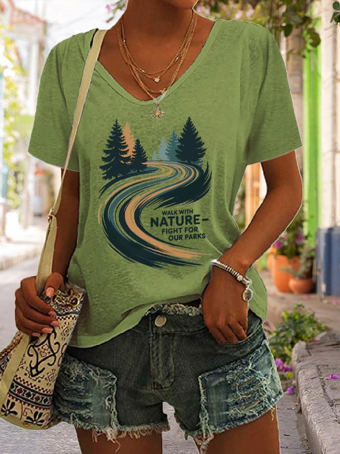 Women's Walk With Nature Fight For Our Parks Print V Neck Casual T-Shirt